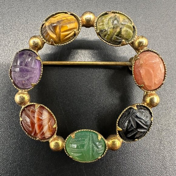 Vintage Brooch Pin Alice Caviness Gold Filled Scarab Egyptian Revival Gemstones - Picture 6 of 9